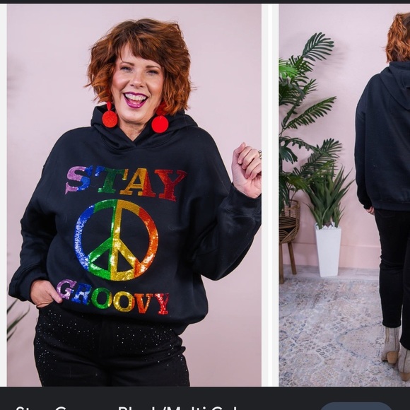 NWOT Black hoodie w/ sequins peace sign & “Stay Groovy” - size small - Picture 2 of 4